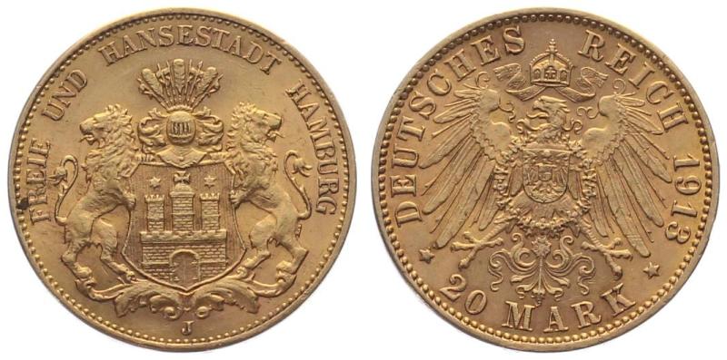 Hamburg 20 Mark 1913 J - Stadtwappen mit Schildhalter
